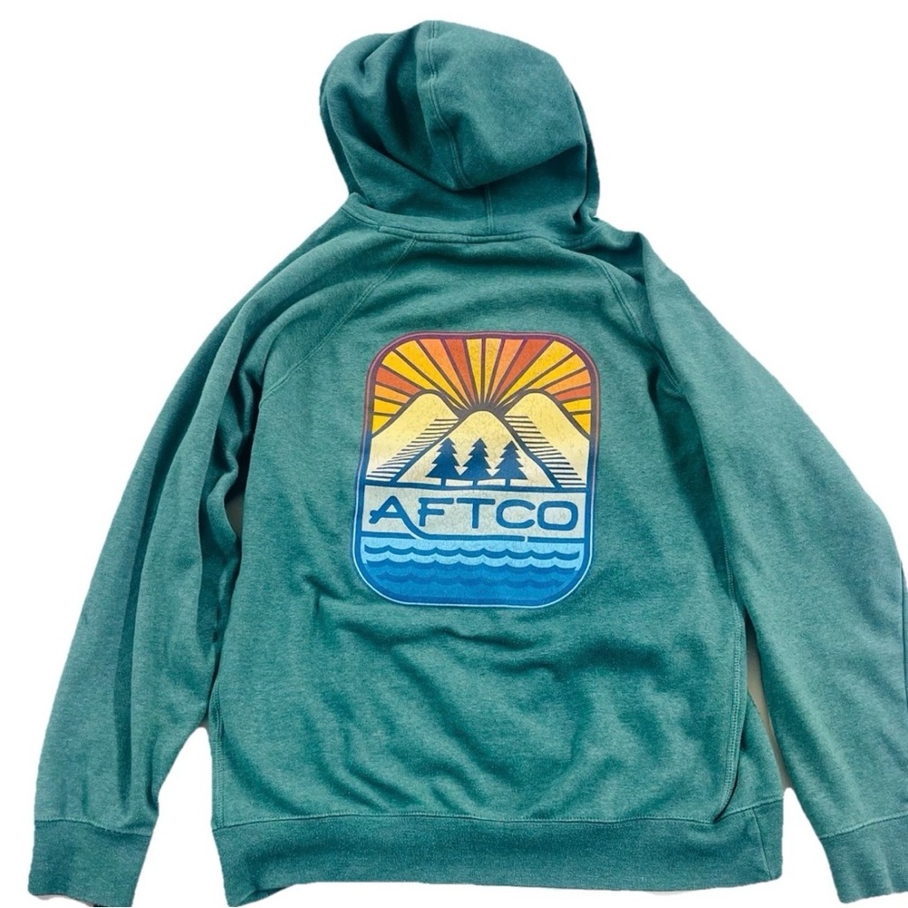 AFTCO Sweater Mens Size Medium M Green Hoodie Pullover Fishing Outdoors